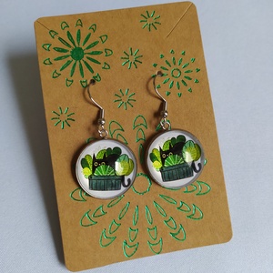 Fekete cicás növényes fülbevaló - ékszer - fülbevaló - lógós kerek fülbevaló - Meska.hu