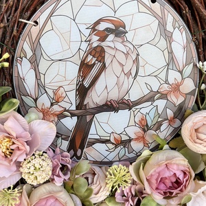 Tavaszi ajtódísz, kopogtató, Madaras középpel , Otthon & Életmód, Dekoráció, Ajtó- és ablak dekoráció, Ajtódísz & Kopogtató, Virágkötés, MESKA