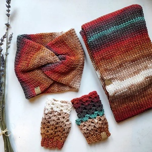 MÉZESKALÁCS fülvédő-körsál-kézmelegítő szett, Ruha & Divat, Sál, Sapka, Kendő, Sapka & Sál szett, Kötés, Horgolás, MESKA