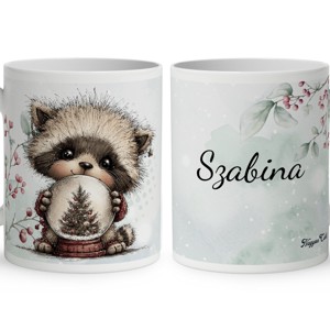 Névvel kérhető - Cuki téli mosómaci hógömbbel mintás bögre, Otthon & Életmód, Konyhafelszerelés, tálalás, Tálalás, Bögre & Csésze, , MESKA