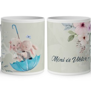 Kérd a neveddel - Esernyős nyuszi szerelem mintás bögre, Otthon & Életmód, Konyhafelszerelés, tálalás, Tálalás, Bögre & Csésze, , MESKA