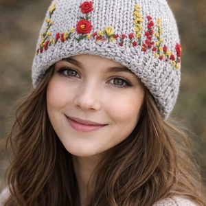 Sapka. Kézi kötésű, világos szürke  slouchy fazonú női sapka virágokkal hímezve  eladó Anyaga gyapjús kevert fonal.  - ruha & divat - sál, sapka, kendő - sapka & sál szett - Meska.hu