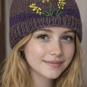 Sapka, Barna lila melírozott gyapjú fonalból készült sárga hímzett virággal díszített női sapka eladó. 56 cm-es fejméret - ruha & divat - sál, sapka, kendő - sapka - Meska.hu