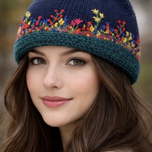 Sapka. Kézi kötésű,  sötét  kék   női sapka virágokkal hímezve  eladó Anyaga gyapjús kevert fonal.  - ruha & divat - sál, sapka, kendő - sapka & sál szett - Meska.hu