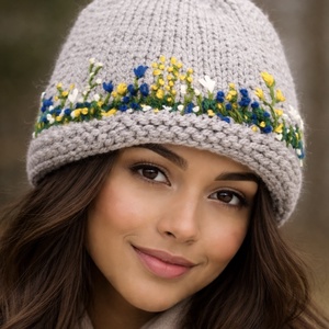Sapka. Kézi kötésű,  világos szürke   női sapka virágokkal hímezve  eladó Anyaga gyapjús kevert fonal.  - ruha & divat - sál, sapka, kendő - sapka & sál szett - Meska.hu