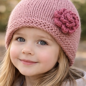 Gyerek sapka . Kézi kötésű  púder színű sapka  horgolt hímzett piros virágokkal díszítve eladó. - ruha & divat - sál, sapka, kendő - sapka - Meska.hu