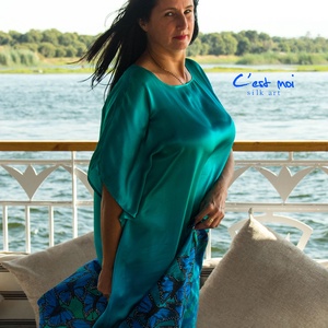 SELYEM SZATÉN türkiz ruha kék pillangókkal  - ruha & divat - női ruha - alkalmi ruha & estélyi ruha - Meska.hu