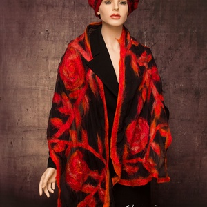 selyemre nemezelt piros rózsás stóla   - ruha & divat - sál, sapka, kendő - sál - Meska.hu