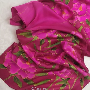 Pink tubarózsás  kézzel festett selyem sál-egyedi kézműves ajándék nőknek , Ruha & Divat, Sál, Sapka, Kendő, Sál, Selyemfestés, MESKA