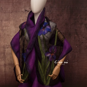 Íriszes lila  selyemre muszlinra nemezelt gyapjú stóla ,különleges  alkalomra - ruha & divat - sál, sapka, kendő - sál - Meska.hu