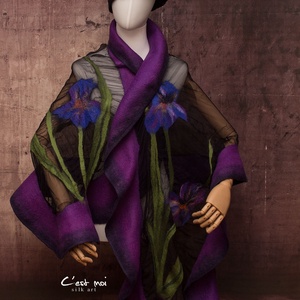 Íriszes lila  selyemre muszlinra nemezelt gyapjú stóla ,különleges  alkalomra - ruha & divat - sál, sapka, kendő - sál - Meska.hu