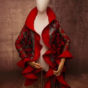 Piros  selyemre muszlinra nemezelt gyapjú stóla ,különleges  alkalomra, Ruha & Divat, Sál, Sapka, Kendő, Sál, , MESKA