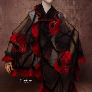 Piros pipacsos selyemre muszlinra nemezelt gyapjú stóla ,különleges  alkalomra - ruha & divat - sál, sapka, kendő - sál - Meska.hu