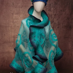 Kék selyemre muszlinra nemezelt gyapjú stóla ,különleges  alkalomra - ruha & divat - sál, sapka, kendő - sál - Meska.hu