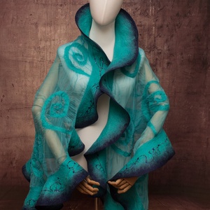 Kék selyemre muszlinra nemezelt gyapjú stóla ,különleges  alkalomra - ruha & divat - sál, sapka, kendő - sál - Meska.hu