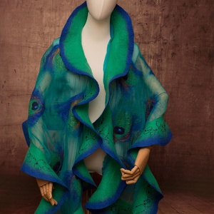 Türkiz pávás  selyemre muszlinra nemezelt gyapjú stóla ,különleges  alkalomra, Ruha & Divat, Sál, Sapka, Kendő, Sál, , MESKA