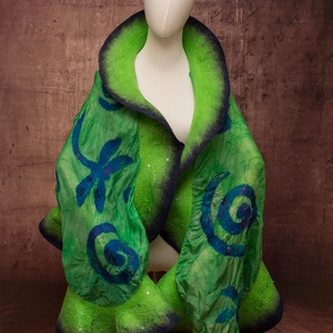 Zöld szitakötős  selyemre muszlinra nemezelt gyapjú stóla ,különleges  alkalomra, Ruha & Divat, Sál, Sapka, Kendő, Sál, , MESKA