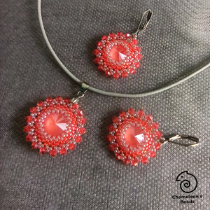 Coral and Grey Mandala fülbevaló és nyaklánc - Meska.hu