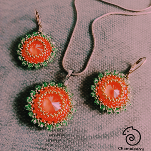 Coral and Light Green Mandala fülbevaló és nyaklánc, Ékszer, Ékszerszett, Ékszerkészítés, Gyöngyfűzés, gyöngyhímzés, MESKA
