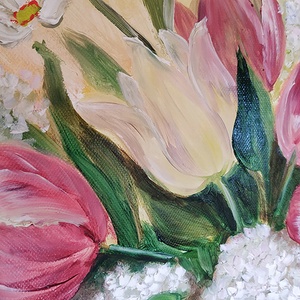 Fehér orgona tulipánokkal aranycsíkos vázában - olaj csendélet - művészet - festmény - olajfestmény - Meska.hu