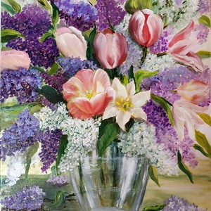 Tulipános orgonacsokor üveg vázában 40x50 cm - olaj csendélet, Művészet, Festmény, Olajfestmény, Festészet, MESKA