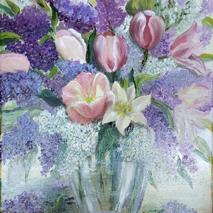 Tulipános orgonacsokor üveg vázában 40x50 cm - olaj csendélet - művészet - festmény - olajfestmény - Meska.hu
