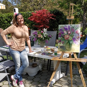 Tulipános orgonacsokor üveg vázában 40x50 cm - olaj csendélet - művészet - festmény - olajfestmény - Meska.hu
