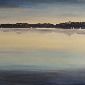 Tihany öszi látképe a Balatonnál Paloznakról - olaj tájkép 80x40cm, Művészet, Festmény, Olajfestmény, Festészet, MESKA