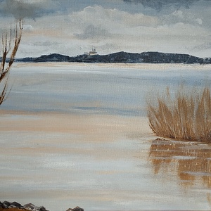 Téli Balaton Tihany látképével - akril tájkép 80x40cm, Művészet, Festmény, Olajfestmény, Festészet, MESKA