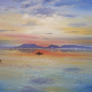Badacsonyi naplemente Fonyódról - olaj tájkép 80x60cm, Művészet, Festmény, Olajfestmény, Festészet, MESKA