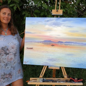 Badacsonyi naplemente Fonyódról - olaj tájkép 80x60cm - művészet - festmény - olajfestmény - Meska.hu