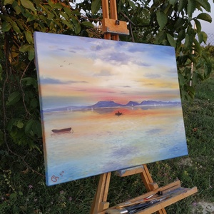 Badacsonyi naplemente Fonyódról - olaj tájkép 80x60cm - művészet - festmény - olajfestmény - Meska.hu