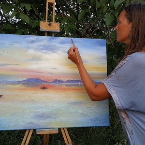 Badacsonyi naplemente Fonyódról - olaj tájkép 80x60cm - művészet - festmény - olajfestmény - Meska.hu