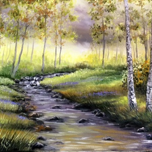 Őszi nyírfaerdő patakkal - olaj tájkép 70x50cm - művészet - festmény - olajfestmény - Meska.hu