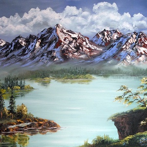 Képzeletbeli Alpesi hegyi tó - olaj tájkép 80x60cm, Művészet, Festmény, Olajfestmény, Festészet, MESKA