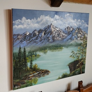 Képzeletbeli Alpesi hegyi tó - olaj tájkép 80x60cm - művészet - festmény - olajfestmény - Meska.hu