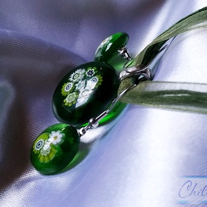 Zöld - fehér virágcsokor ékszerszett- Millefiori virágos nyakék fülbevalóval - ékszer - ékszerszett - Meska.hu