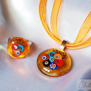 Gyöngyök a mézben! - muránói gyöngyös ékszerszett- Millefiori medál és állítható gyűrű - ékszer - ékszerszett - Meska.hu