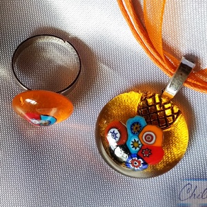 Gyöngyök a mézben! - muránói gyöngyös ékszerszett- Millefiori medál és állítható gyűrű - ékszer - ékszerszett - Meska.hu