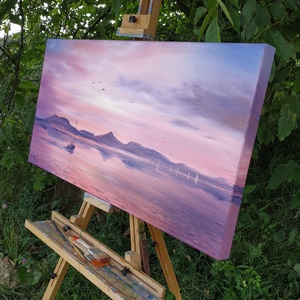 Lila naplemente Fonyódnál vitorlással - 3D-s olaj tájkép - 100x50cm - művészet - festmény - olajfestmény - Meska.hu