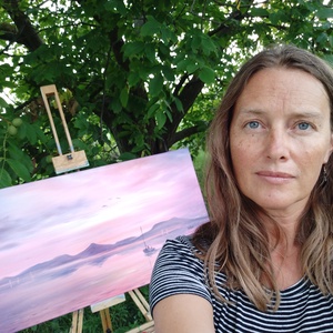 Lila naplemente Fonyódnál vitorlással - 3D-s olaj tájkép - 100x50cm - művészet - festmény - olajfestmény - Meska.hu