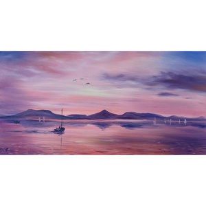 Lila naplemente Fonyódnál vitorlással - 3D-s olaj tájkép - 100x50cm - művészet - festmény - olajfestmény - Meska.hu