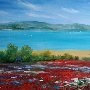 Pipacsmező a Balatonnál - olaj tájkép 80x60cm, Művészet, Festmény, Olajfestmény, Festészet, MESKA