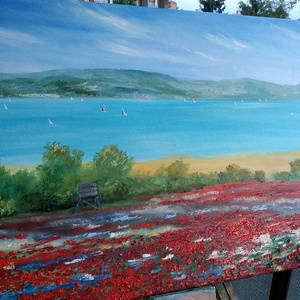 Pipacsmező a Balatonnál - olaj tájkép 80x60cm - művészet - festmény - olajfestmény - Meska.hu