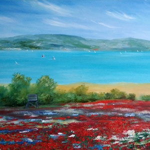 Pipacsmező a Balatonnál - olaj tájkép 80x60cm - művészet - festmény - olajfestmény - Meska.hu