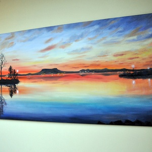 Badacsonyi naplemente ősszel - olaj tájkép 100x50cm - művészet - festmény - olajfestmény - Meska.hu