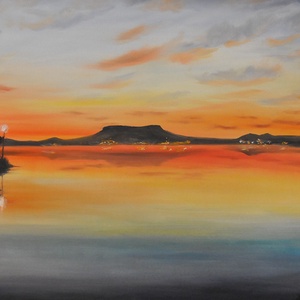 Badacsonyi naplemente ősszel - olaj tájkép 100x50cm - művészet - festmény - olajfestmény - Meska.hu