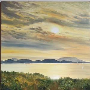 Balatongyörök, naplemente - 3 D-s olaj tájkép 60x60x4 cm - művészet - festmény - olajfestmény - Meska.hu