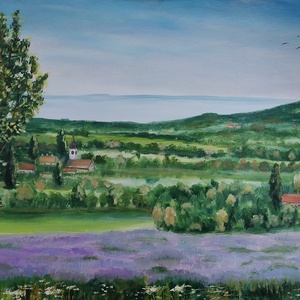 Levendulás a Balatonnál - olaj tájkép 70 cmx50 cm - művészet - festmény - olajfestmény - Meska.hu