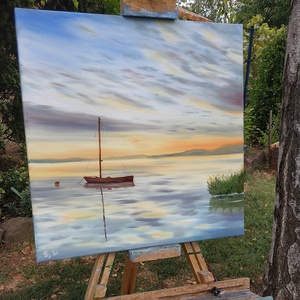 Kenesei Kalóz a naplementében - Balatoni olaj tájkép 50 cmx50 cm - művészet - festmény - olajfestmény - Meska.hu